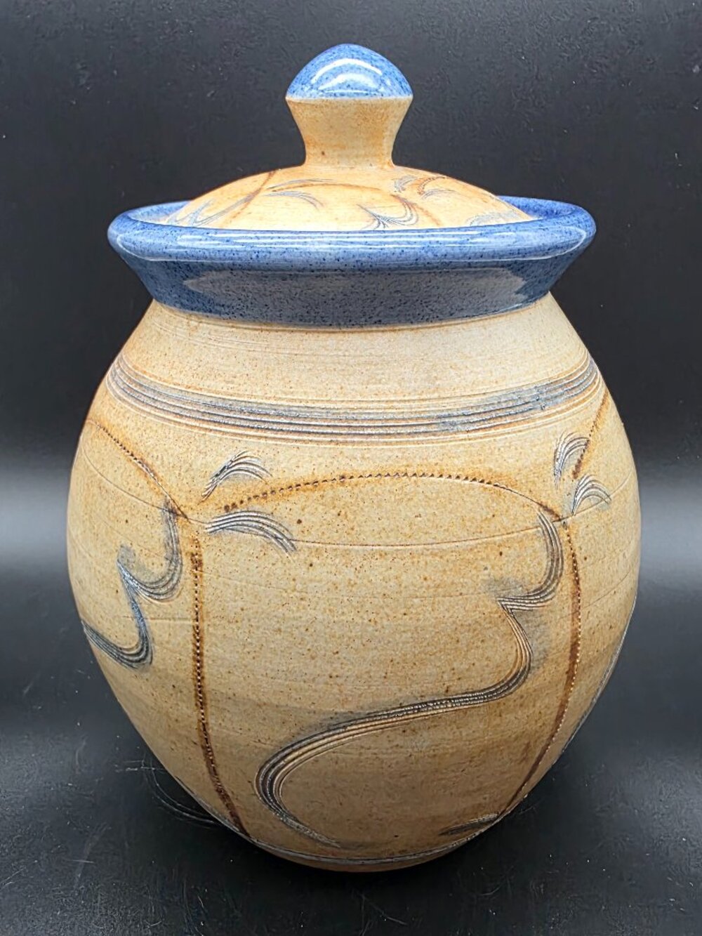 Studio Pottery Lidded Jar Blue Drip Glaze Stoneware Signed Handmade Ceramic